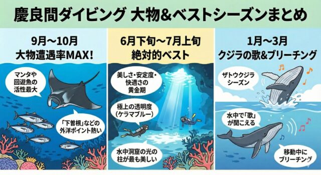 慶良間ダイビングの大物＆ベストシーズンまとめ図解。